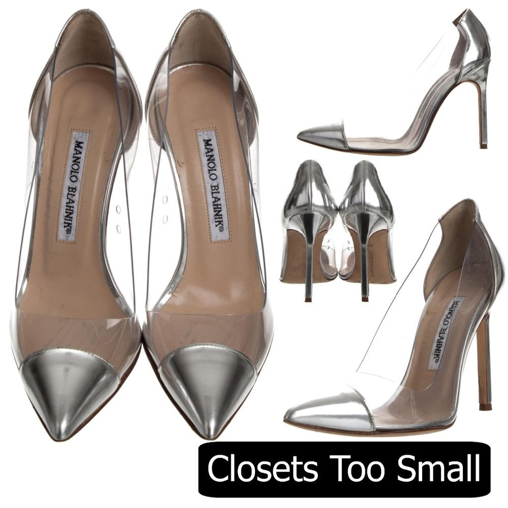 Manolo Blahnik Silver Patent Leather PVC Heels …